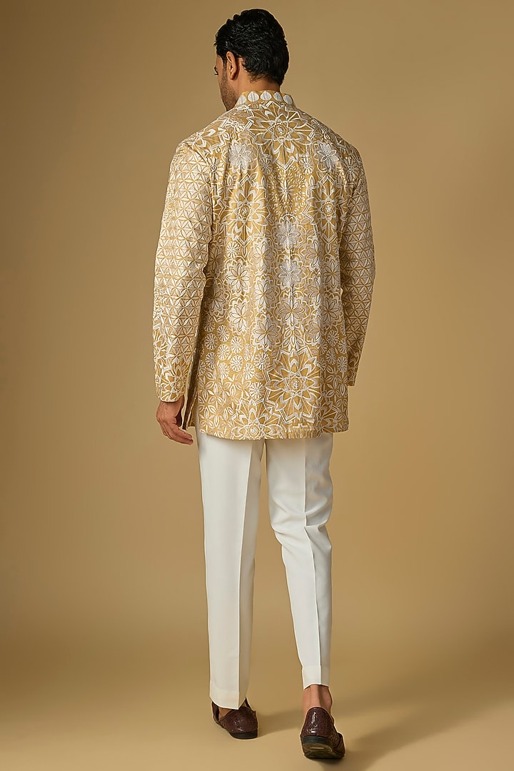 Gold Silk Chanderi Bead Hand Embellished Kurta by SHASHA GABA MEN at Pernia's Pop Up Shop