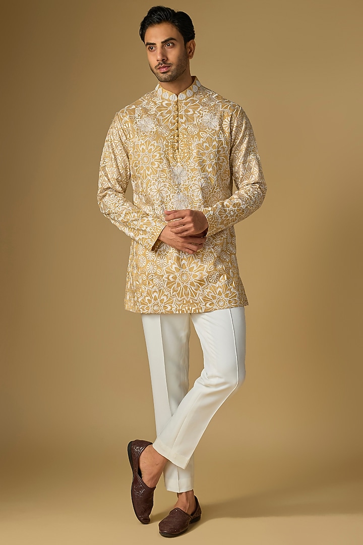 Gold Silk Chanderi Bead Hand Embellished Kurta by SHASHA GABA MEN at Pernia's Pop Up Shop