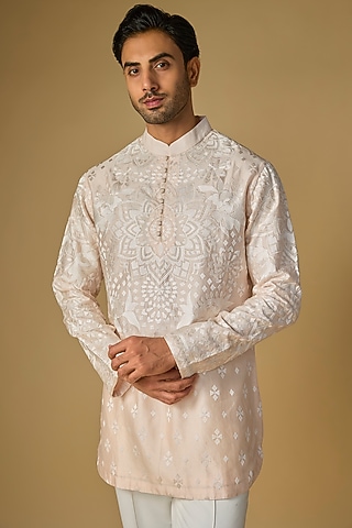 Rose Colored Silk Chanderi Bead Hand Embellished Kurta by SHASHA GABA MEN