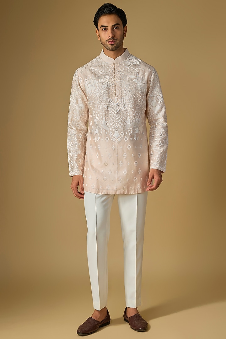 Rose Colored Silk Chanderi Bead Hand Embellished Kurta by SHASHA GABA MEN at Pernia's Pop Up Shop