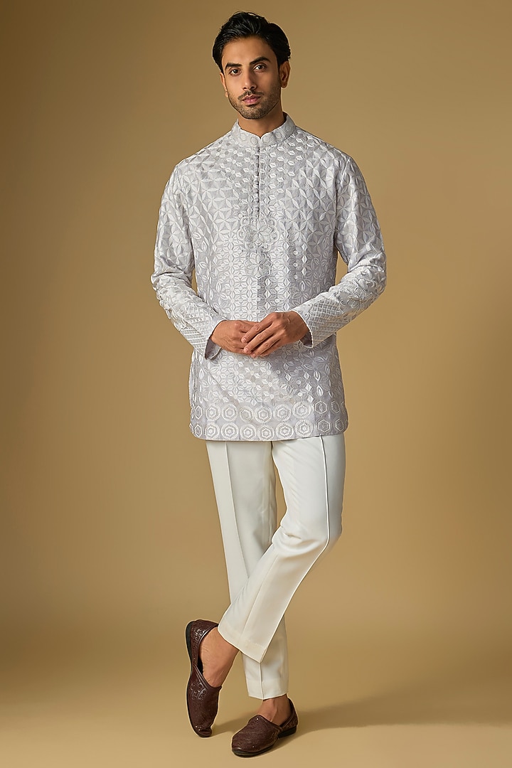 Ice Blue Silk Chanderi Bead Hand Embellished Kurta by SHASHA GABA MEN at Pernia's Pop Up Shop
