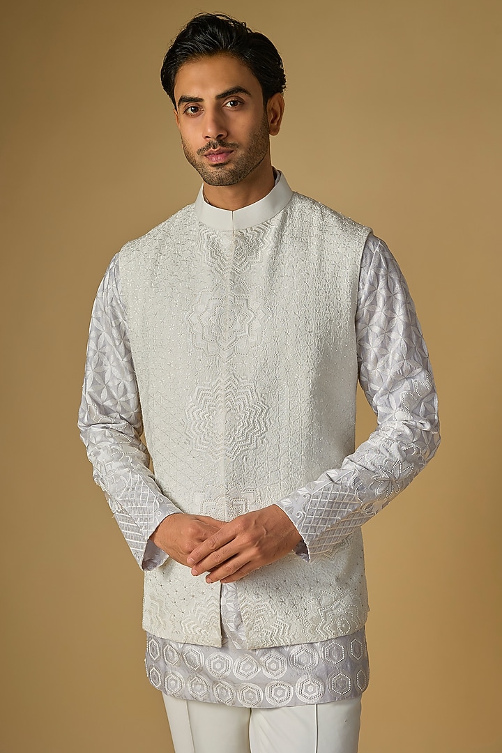 Ivory Silk Chanderi Bead Hand Embellished Bundi Jacket by SHASHA GABA MEN at Pernia's Pop Up Shop