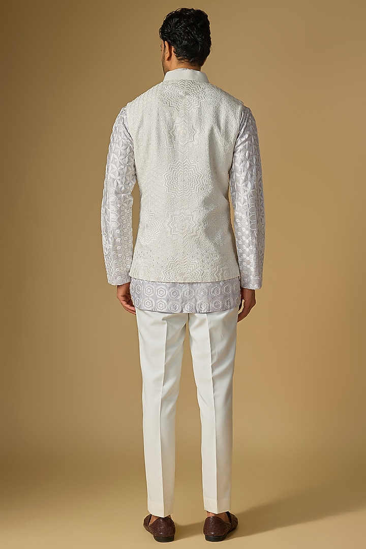 Ivory Silk Chanderi Bead Hand Embellished Bundi Jacket by SHASHA GABA MEN at Pernia's Pop Up Shop