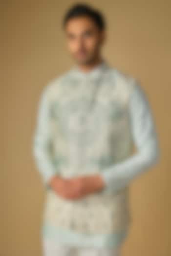 Ivory Silk Chanderi Bead Hand Embellished Bundi Jacket by SHASHA GABA MEN at Pernia's Pop Up Shop