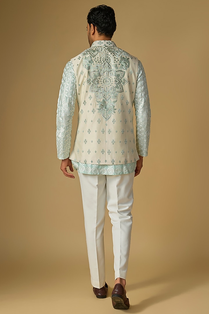 Ivory Silk Chanderi Bead Hand Embellished Bundi Jacket by SHASHA GABA MEN at Pernia's Pop Up Shop