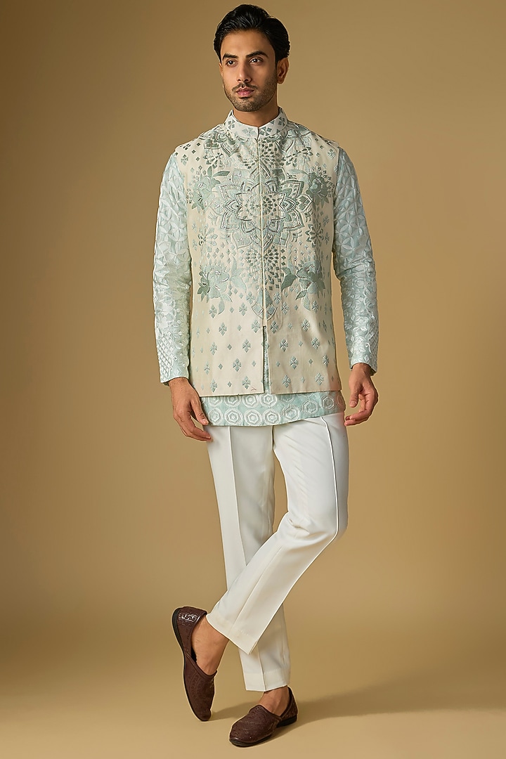 Ivory Silk Chanderi Bead Hand Embellished Bundi Jacket by SHASHA GABA MEN at Pernia's Pop Up Shop