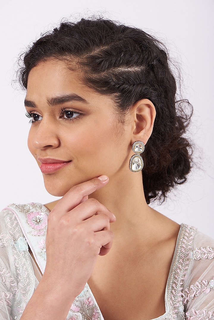 White Finish Kundan Polki Earrings by Saga Jewels at Pernia's Pop Up Shop