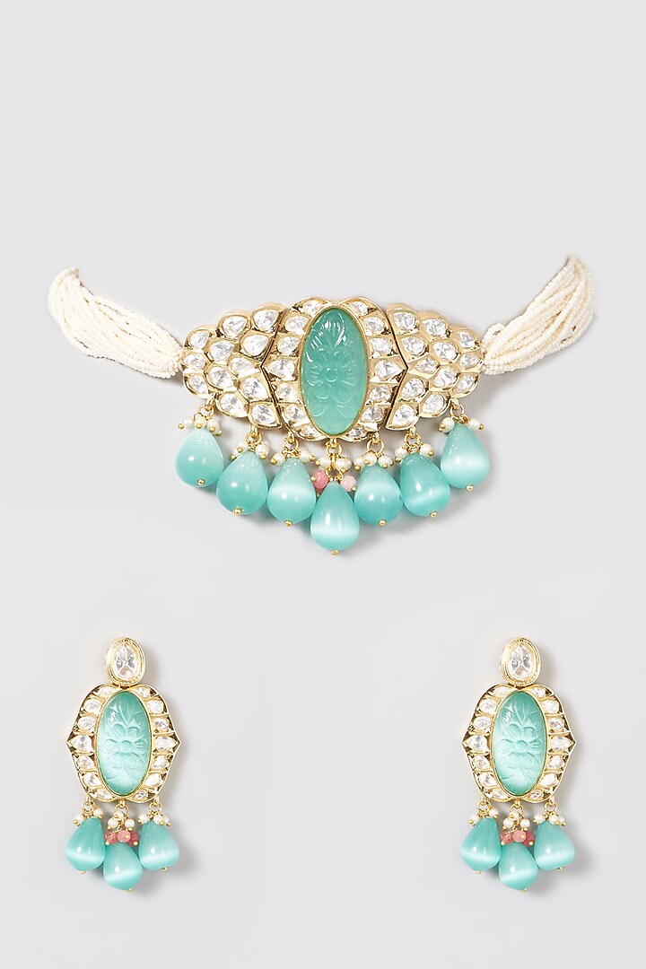 Gold Finish Blue Stone Necklace Set by Saga Jewels at Pernia's Pop Up Shop