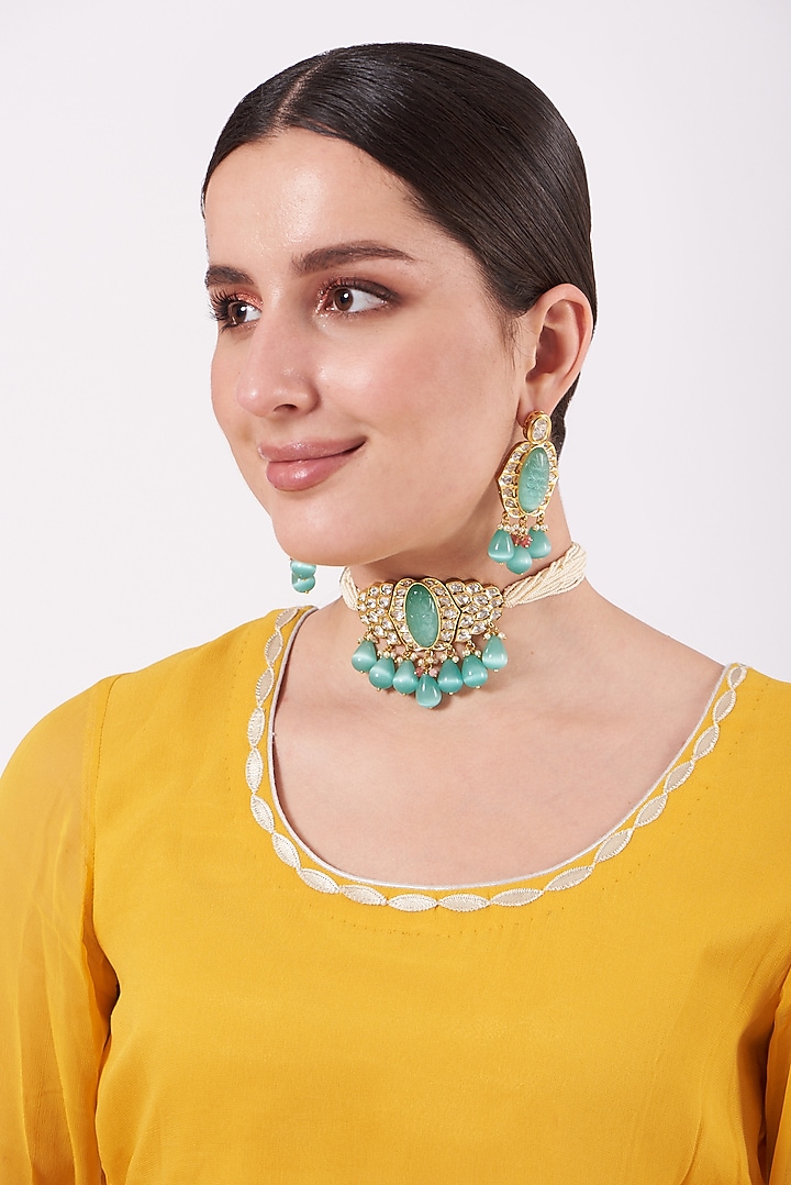 Gold Finish Blue Stone Necklace Set by Saga Jewels at Pernia's Pop Up Shop