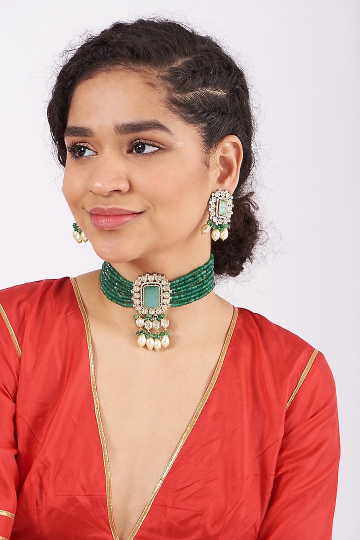 Gold Finish Faux Emerald Choker Necklace Set by Saga Jewels