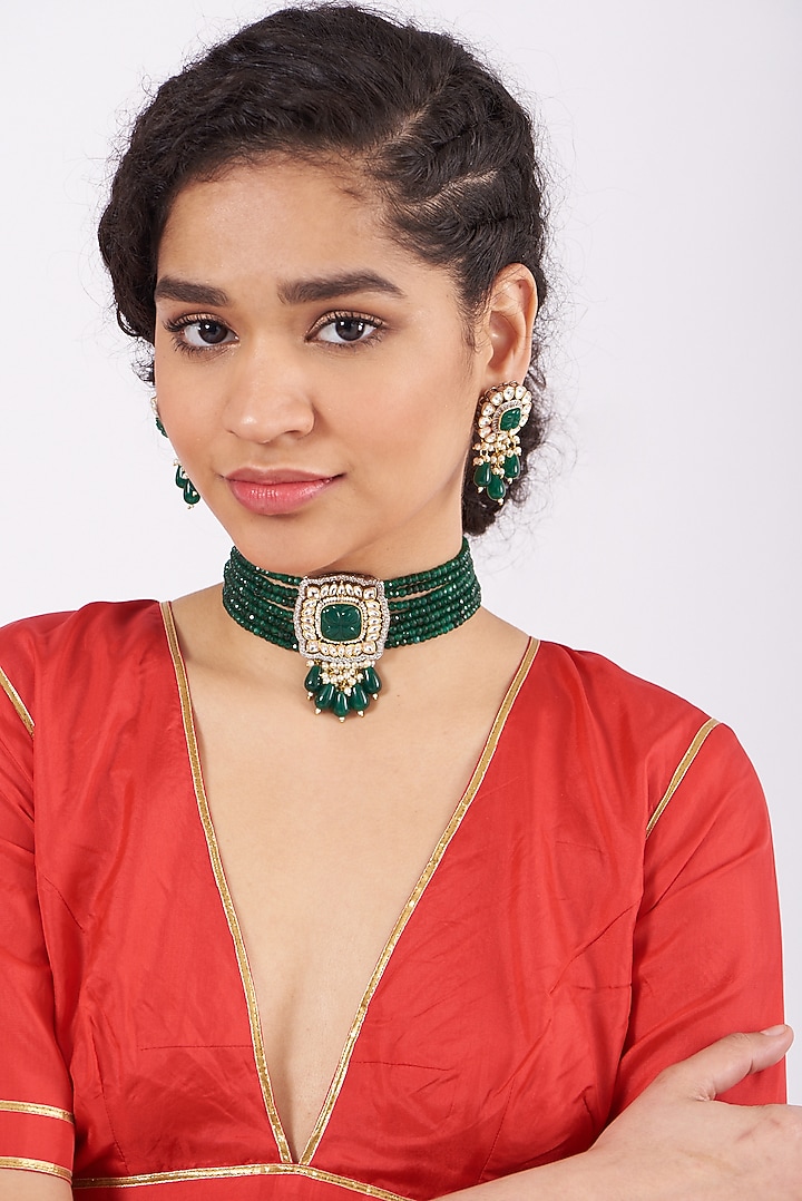 Gold Finish Kundan Polki Choker Necklace Set by Saga Jewels at Pernia's Pop Up Shop