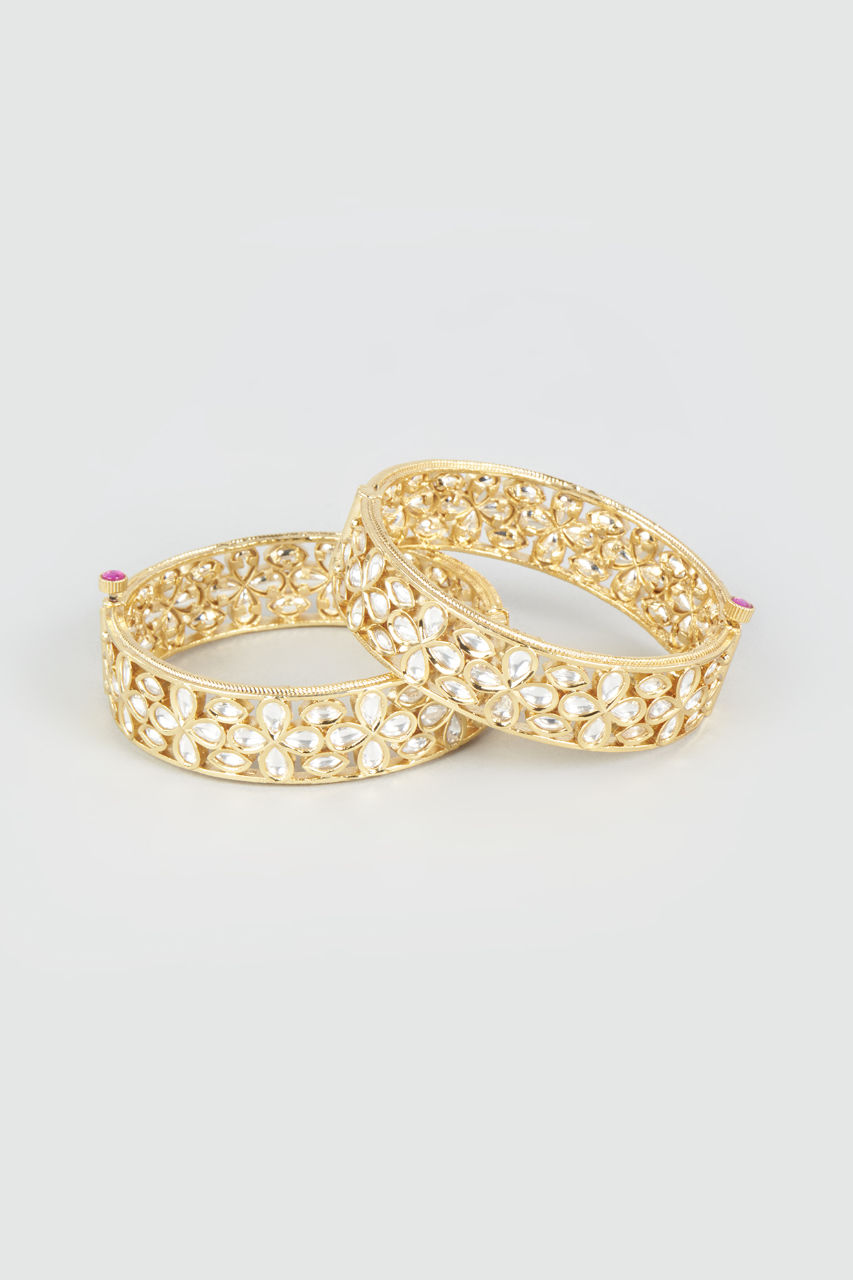 Gold Finish Kundan Openable Bangles (Set of 2) by Saga Jewels at Pernia's Pop Up Shop