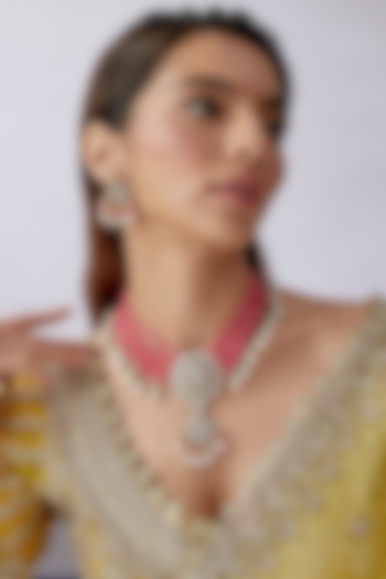 Pink Beaded & Kundan Polki Necklace Set by Saga Jewels