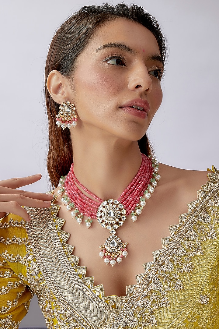 Pink Beaded & Kundan Polki Necklace Set by Saga Jewels at Pernia's Pop Up Shop