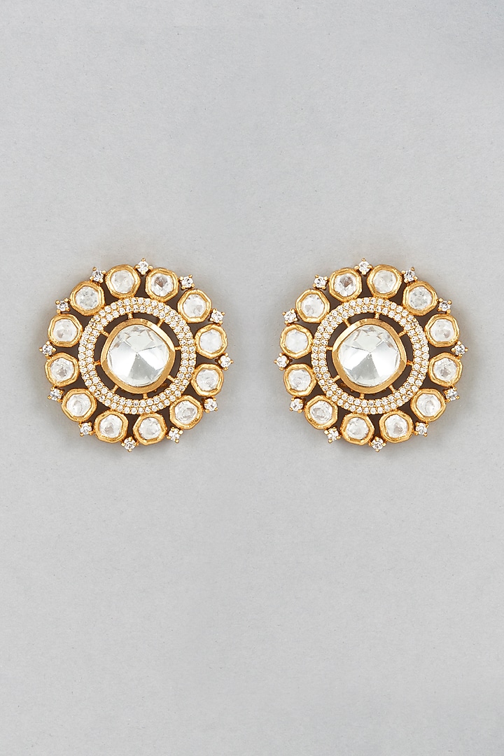 Gold Finish Kundan Polki Stud Earrings by Saga Jewels at Pernia's Pop Up Shop