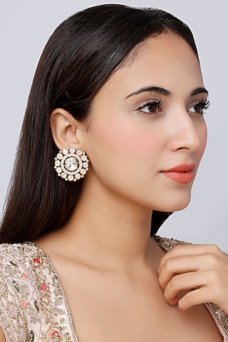 Gold Finish Kundan Polki Stud Earrings by Saga Jewels