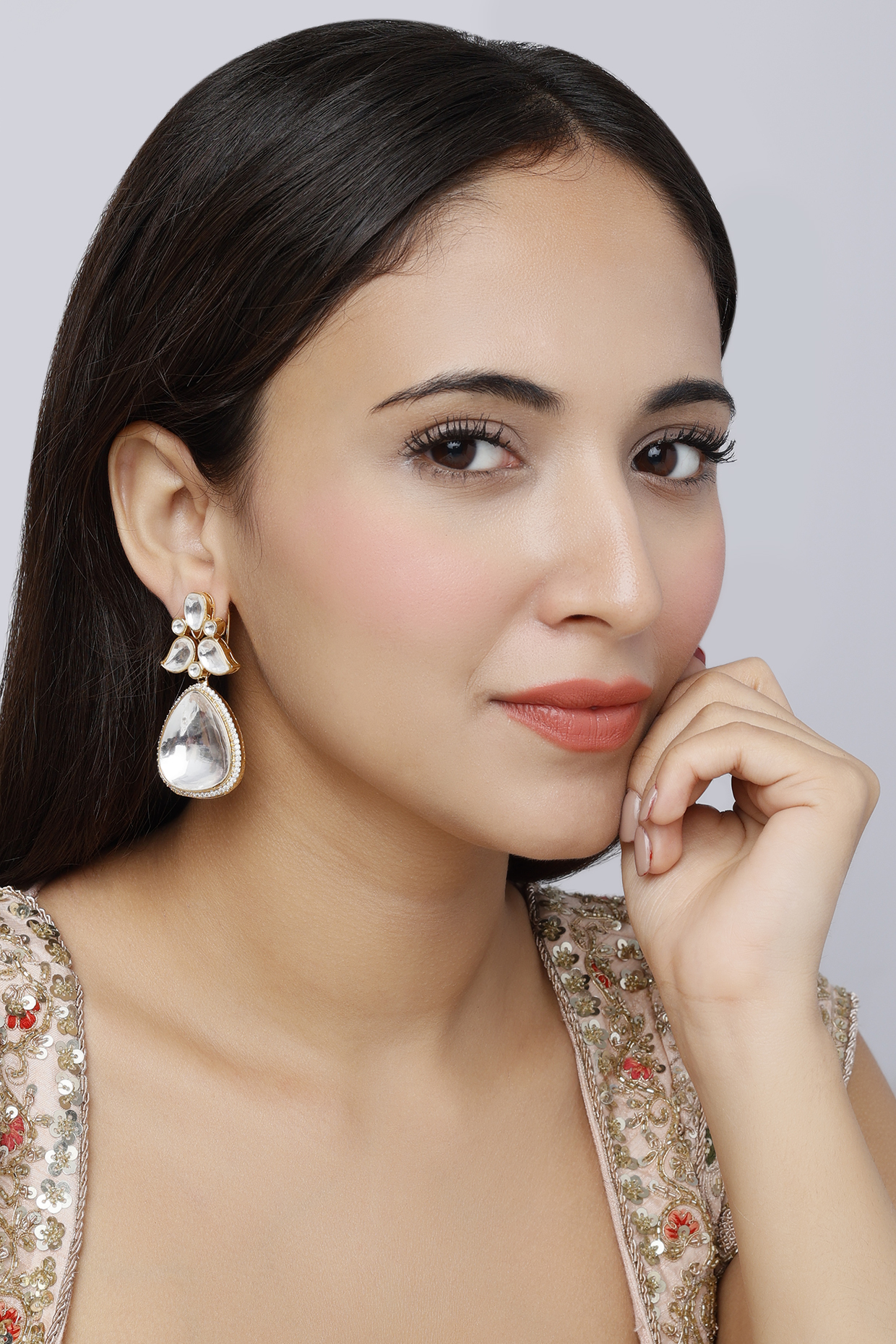 Gold Finish Kundan Polki Earrings by Saga Jewels at Pernia's Pop Up Shop