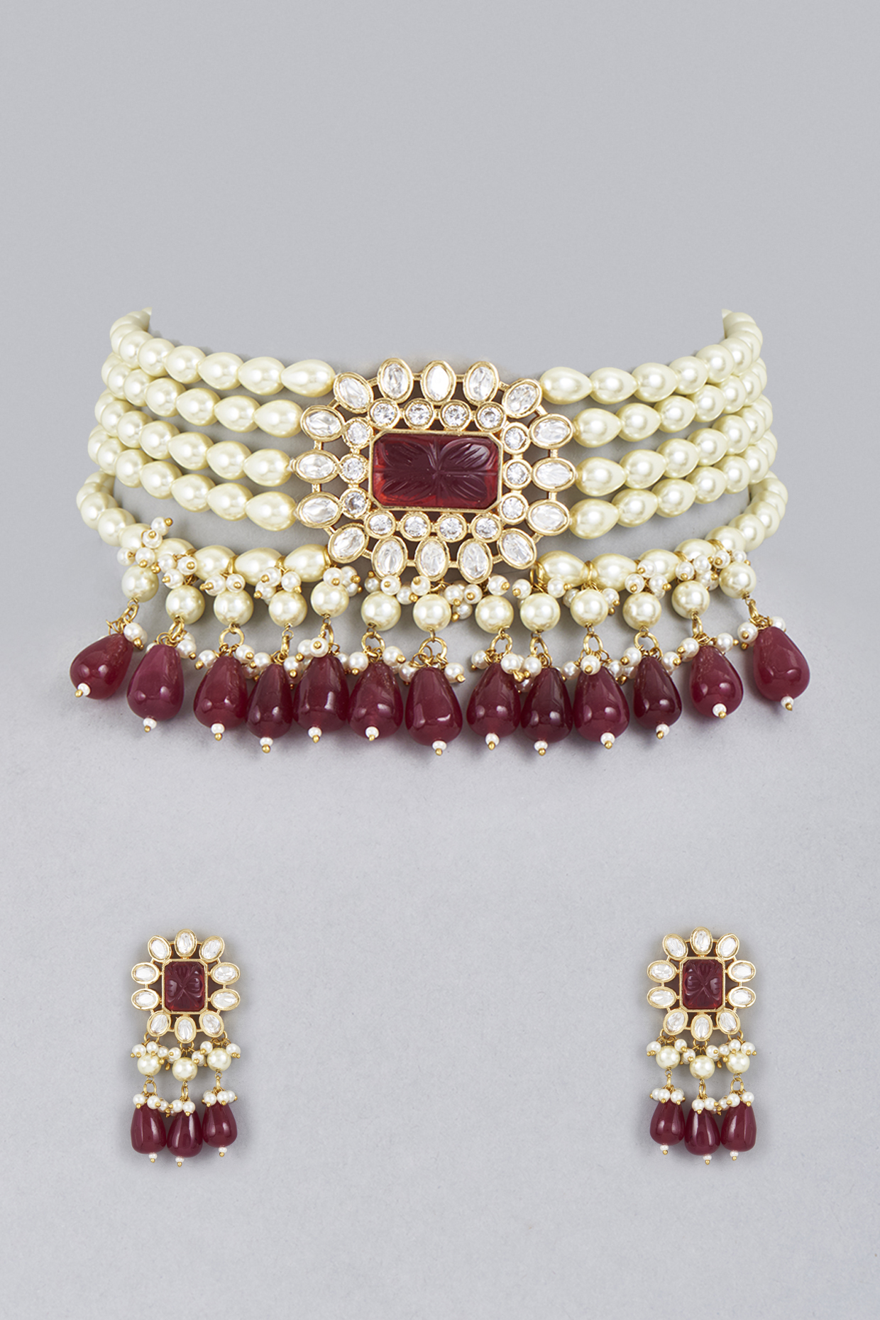 Gold Finish Faux Ruby Choker Necklace Set by Saga Jewels