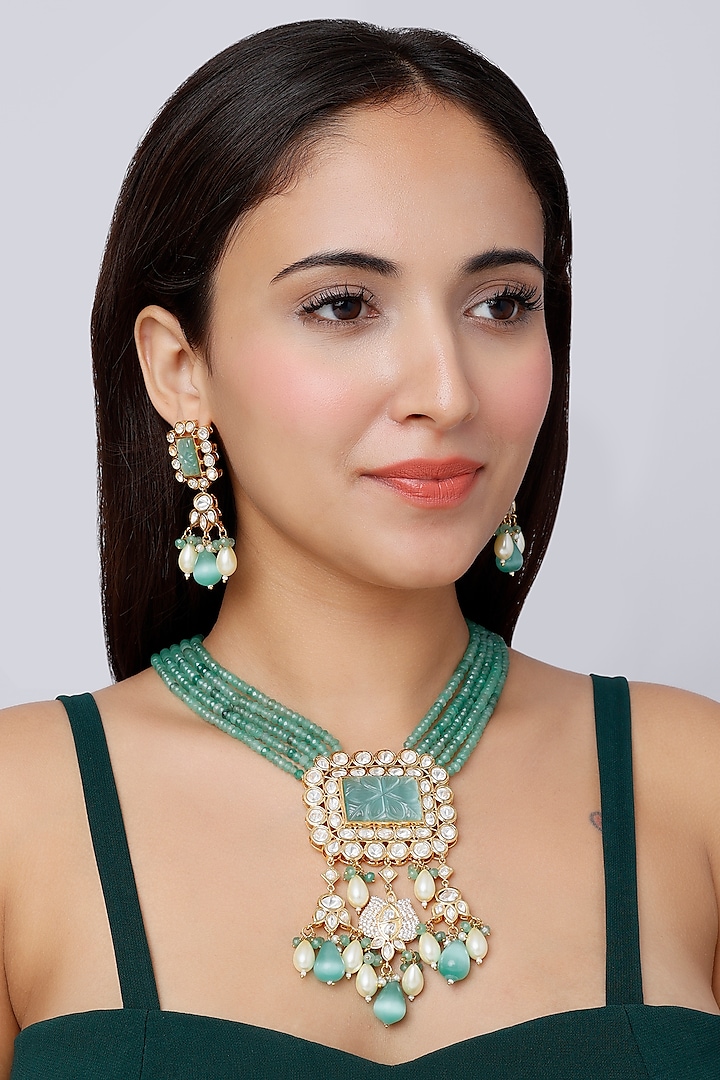 Gold Finish Faux Emerald Necklace Set by Saga Jewels