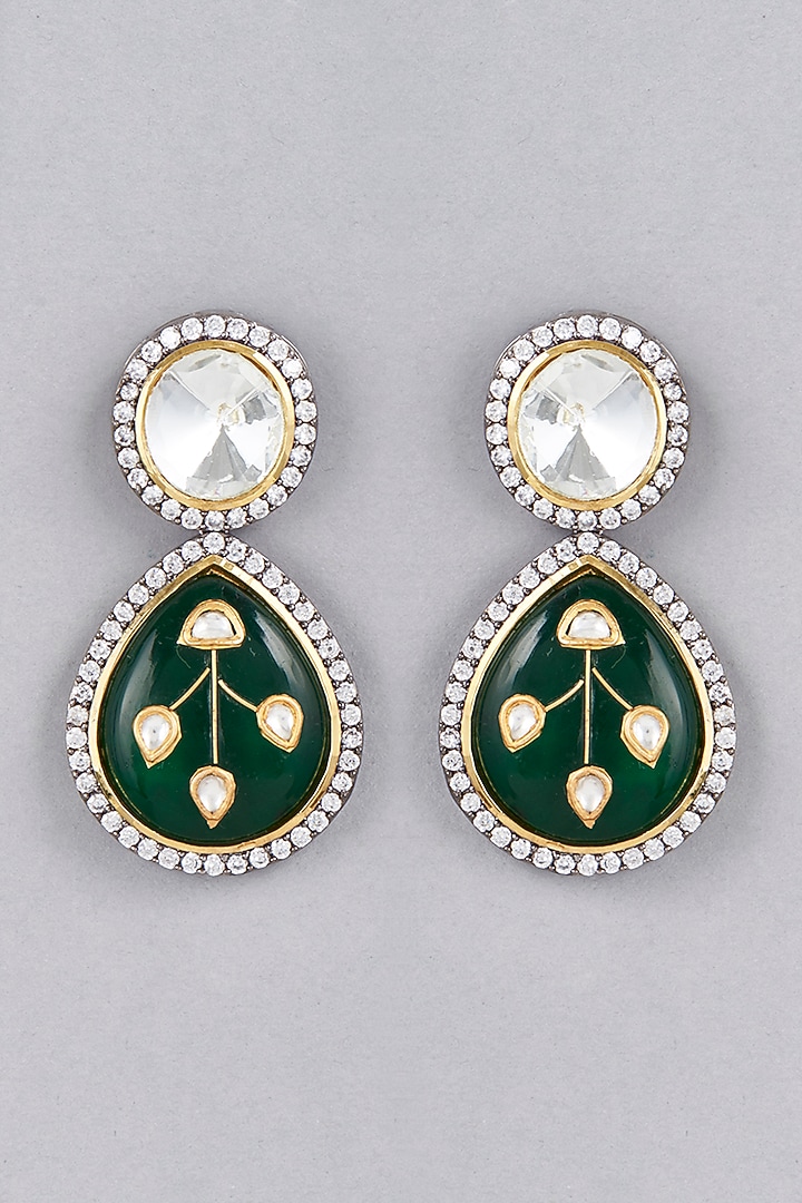 White Finish Green Jadau Drop Earrings by Saga Jewels at Pernia's Pop Up Shop
