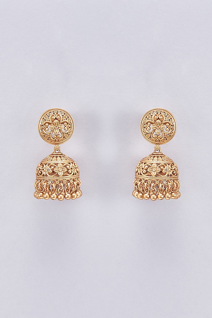 Gold Finish Jhumka Earrings by Saga Jewels