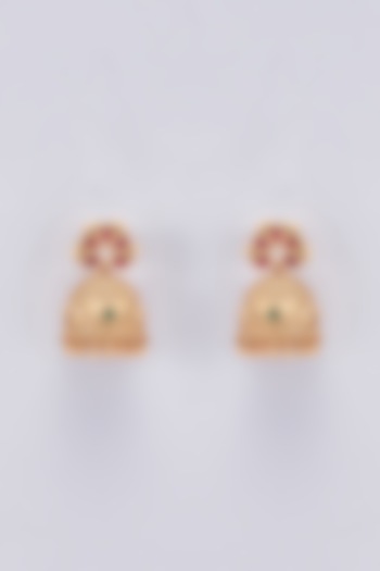 Gold Finish Ruby & Emerald Jhumka Earrings by Saga Jewels
