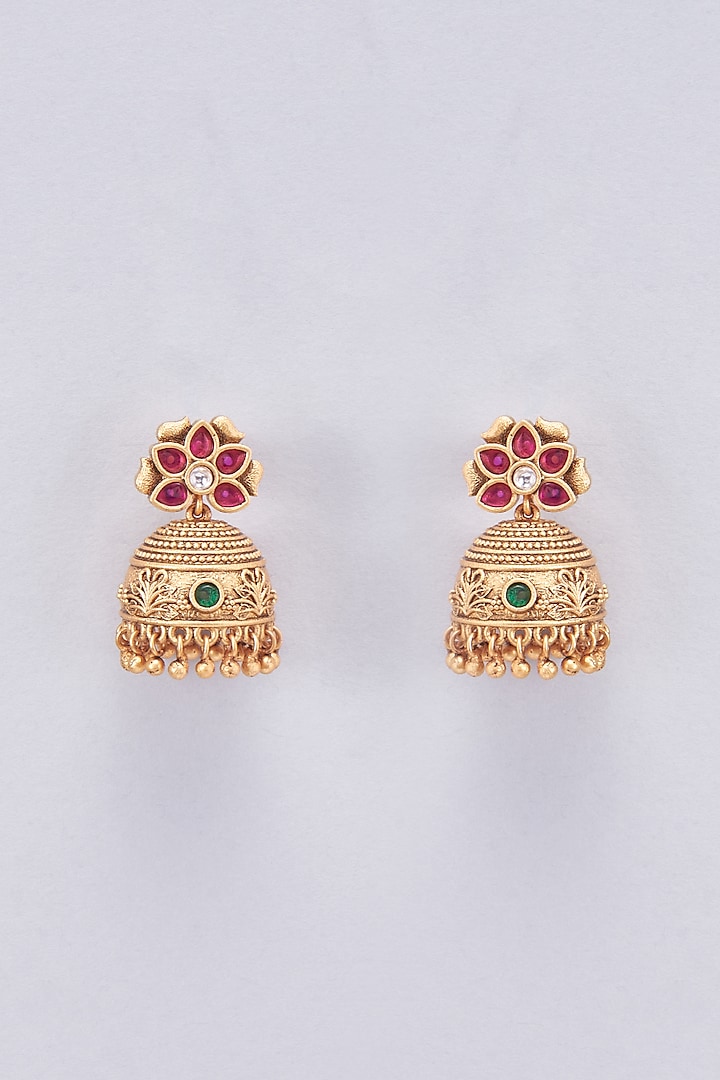 Gold Finish Ruby & Emerald Jhumka Earrings by Saga Jewels