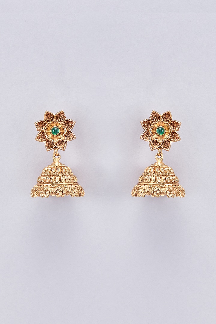 Gold Finish Emerald Jhumka Earrings by Saga Jewels