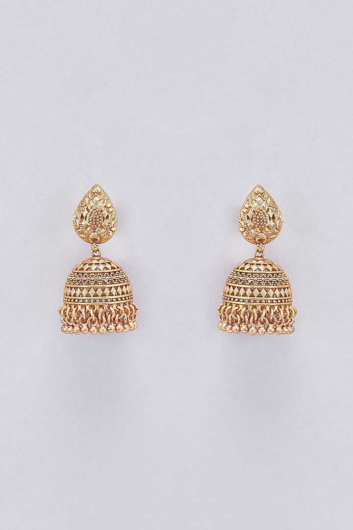 Gold Finish Temple Jhumka Earrings by Saga Jewels