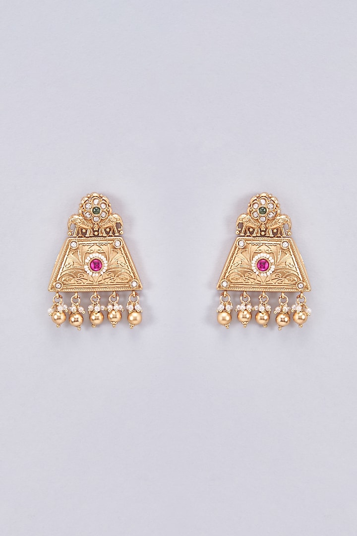 Gold Finish Multi-Colored Stone Dangler Earrings by Saga Jewels