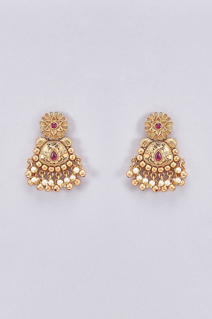 Gold Finish Temple Dangler Earrings by Saga Jewels