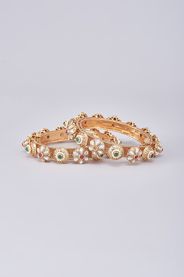 Gold Finish Kundan Polki Bangles (Set Of 2) by Saga Jewels at Pernia's Pop Up Shop