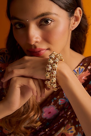 Gold Finish Kundan Polki Bangles (Set Of 2) by Saga Jewels