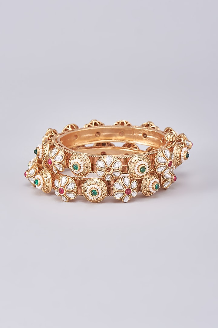 Gold Finish Kundan Polki Bangles (Set Of 2) by Saga Jewels at Pernia's Pop Up Shop