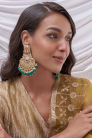 Gold Finish Green Stone Temple Chandbali Earrings by Saga Jewels