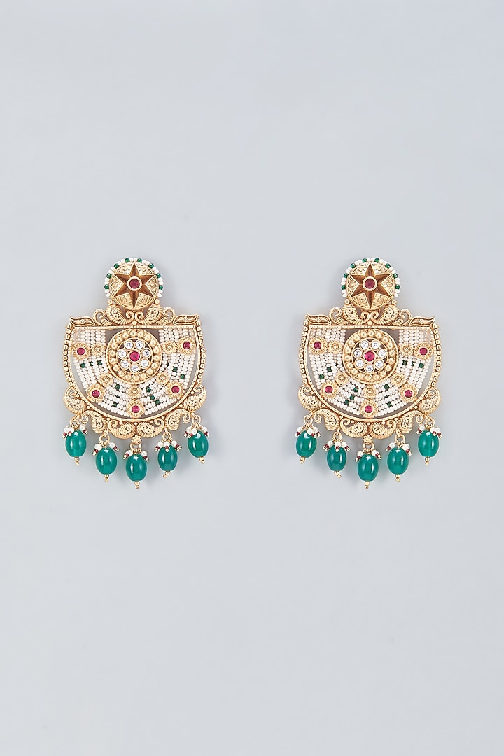 Gold Finish Green Stone Temple Chandbali Earrings by Saga Jewels at Pernia's Pop Up Shop