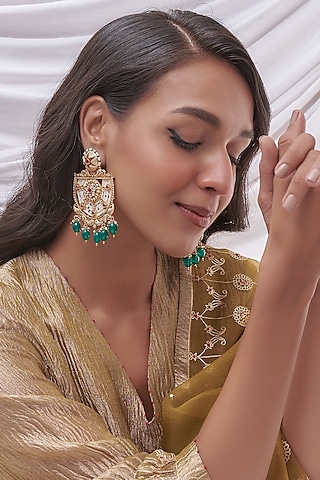 Gold Finish Green Stone Temple Chandbali Earrings by Saga Jewels