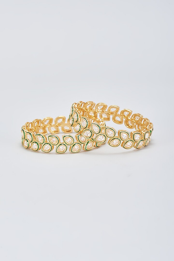 Gold Finish Kundan Polki Bangles (Set of 2) by Saga Jewels at Pernia's Pop Up Shop