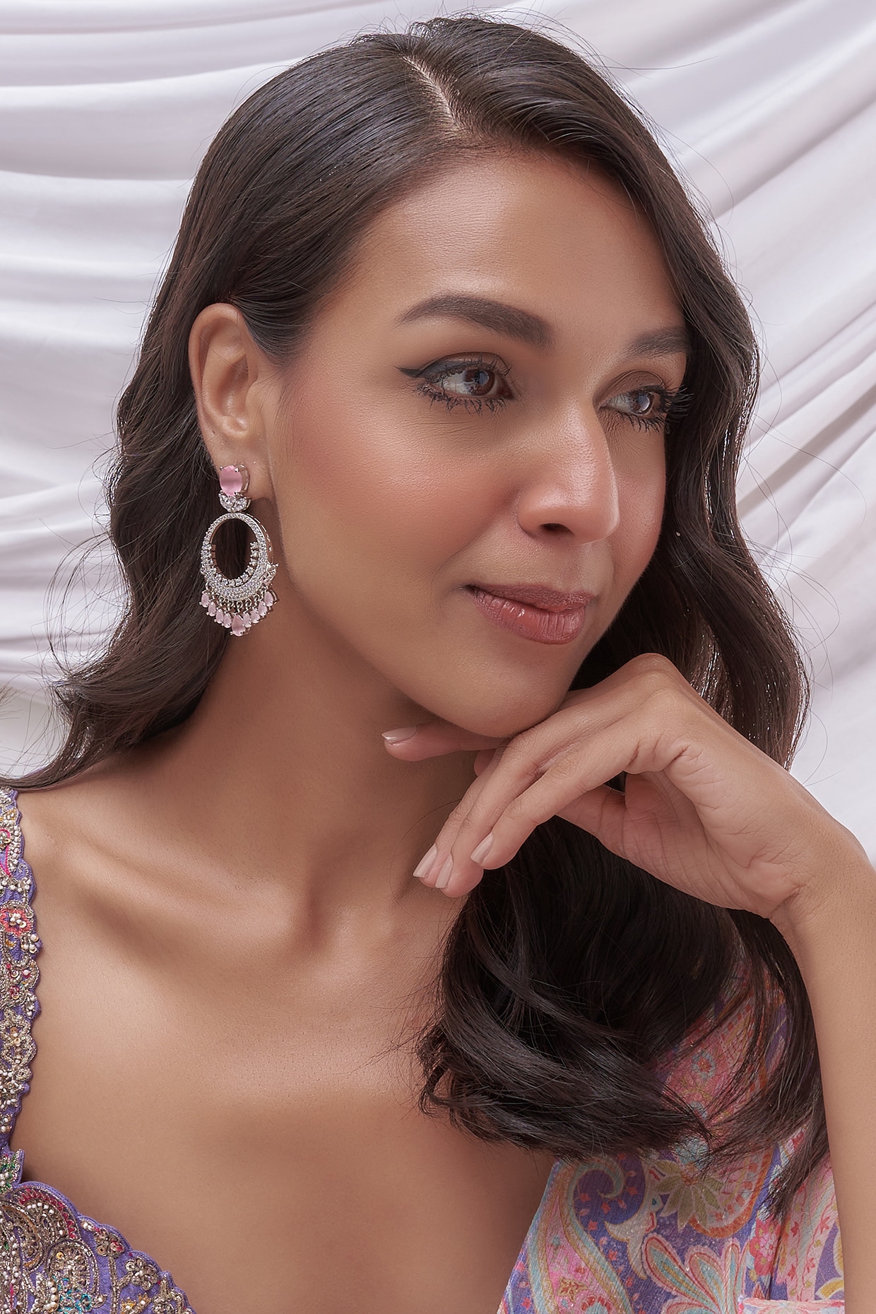 Flower top chandbali design long AD earrings with tear drop shaped whi –  Odara Jewellery