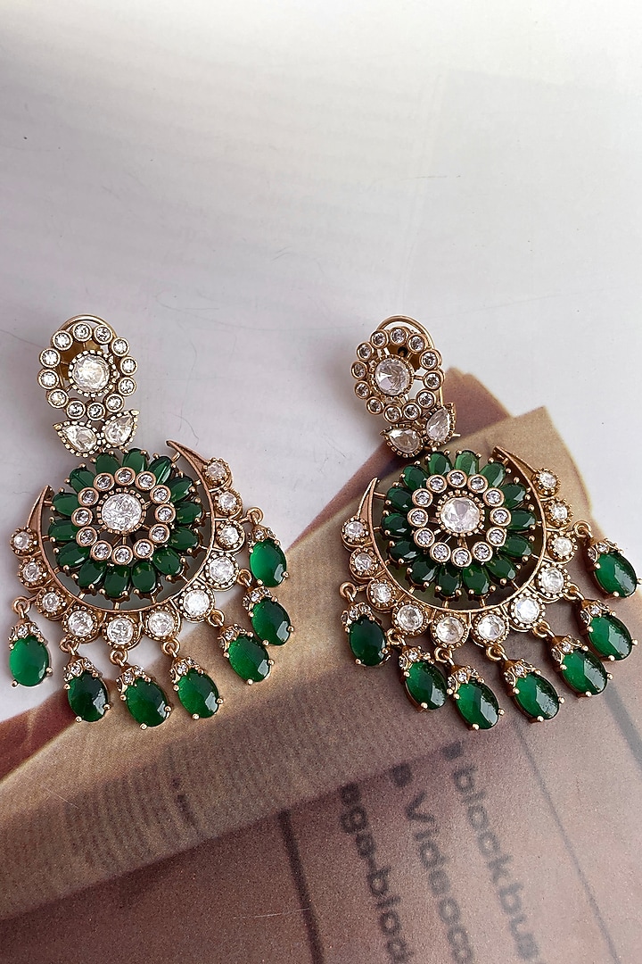 Gold Finish Moissanite Polki & Green Beaded Chandbali Earrings by Saga Jewels at Pernia's Pop Up Shop