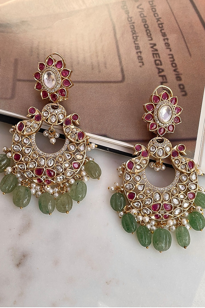 Gold Finish Multi-Colored Kundan Polki Chandbali Earrings by Saga Jewels at Pernia's Pop Up Shop