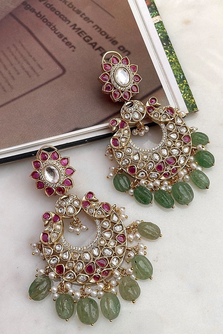 Gold Finish Multi-Colored Kundan Polki Chandbali Earrings by Saga Jewels at Pernia's Pop Up Shop