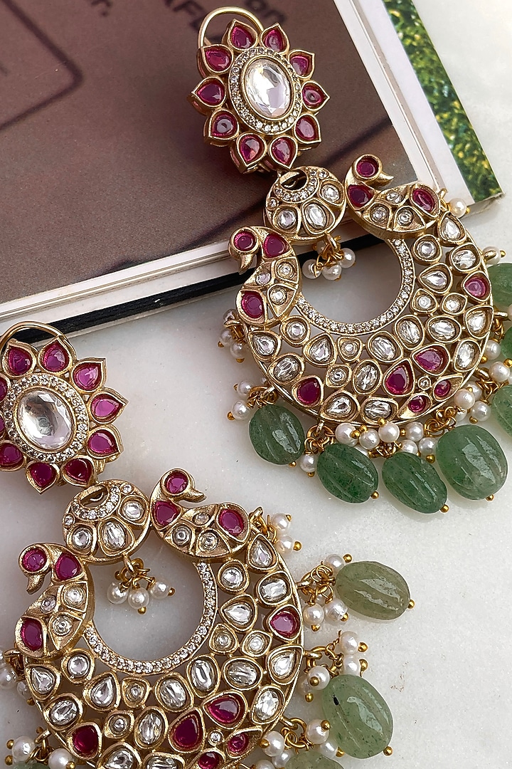Gold Finish Multi-Colored Kundan Polki Chandbali Earrings by Saga Jewels at Pernia's Pop Up Shop