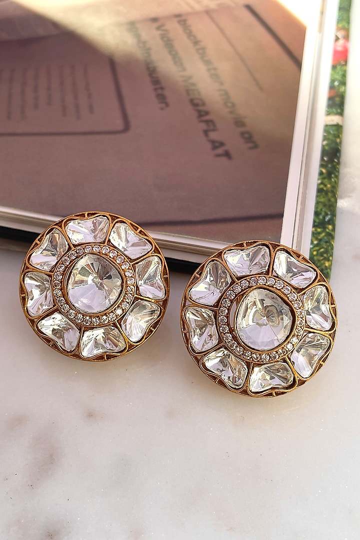 Gold Finish Kundan Polki Stud Earrings by Saga Jewels at Pernia's Pop Up Shop