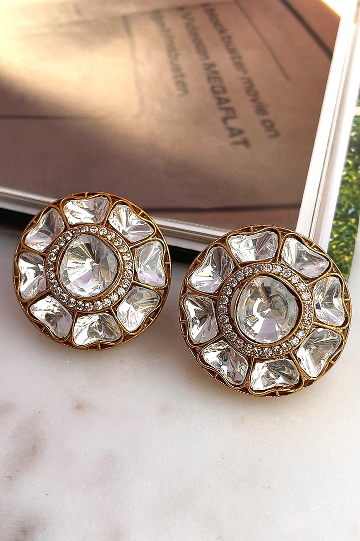 Gold Finish Kundan Polki Stud Earrings by Saga Jewels at Pernia's Pop Up Shop
