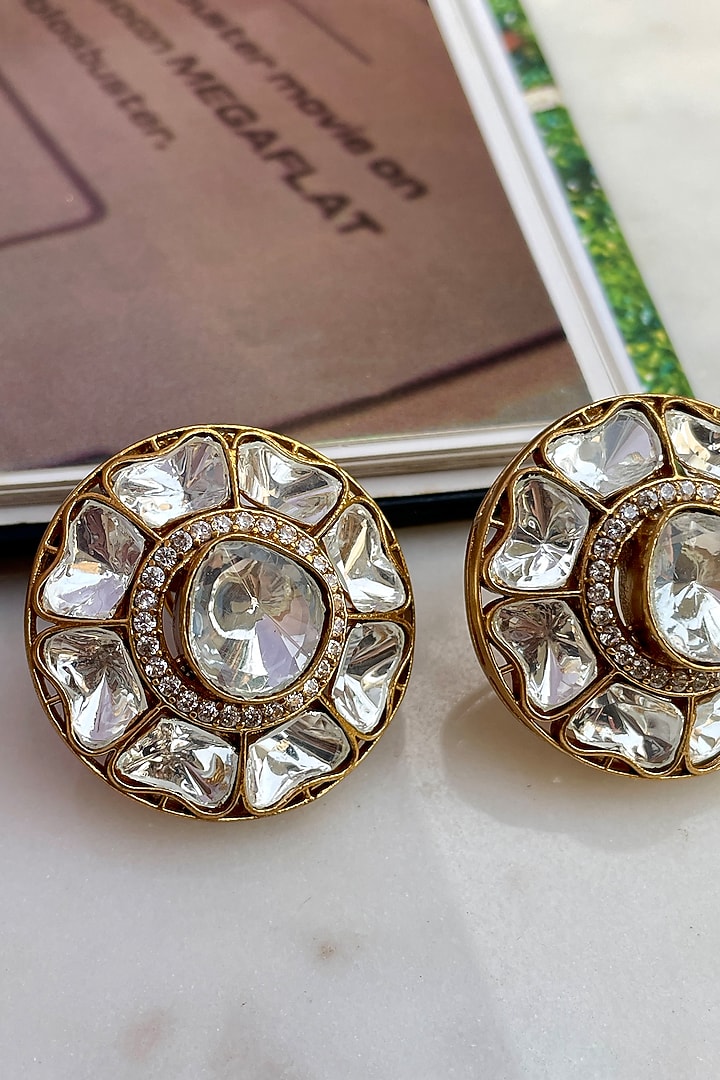 Gold Finish Kundan Polki Stud Earrings by Saga Jewels at Pernia's Pop Up Shop