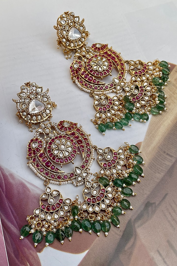 Gold Finish Multi-Colored Kundan Polki Chandbali Earrings by Saga Jewels at Pernia's Pop Up Shop