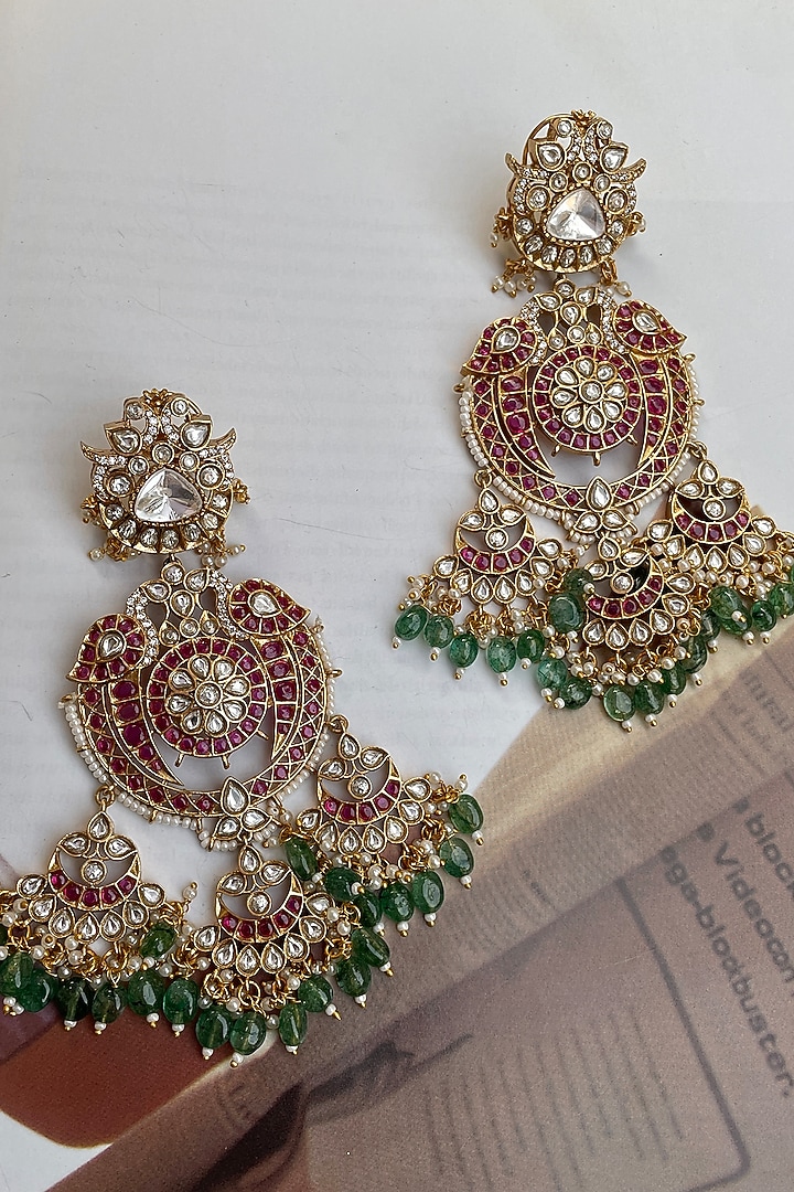 Gold Finish Multi-Colored Kundan Polki Chandbali Earrings by Saga Jewels at Pernia's Pop Up Shop