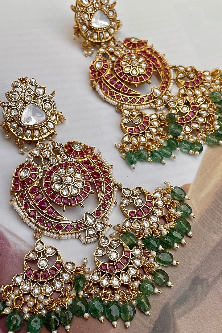 Gold Finish Multi-Colored Kundan Polki Chandbali Earrings by Saga Jewels at Pernia's Pop Up Shop