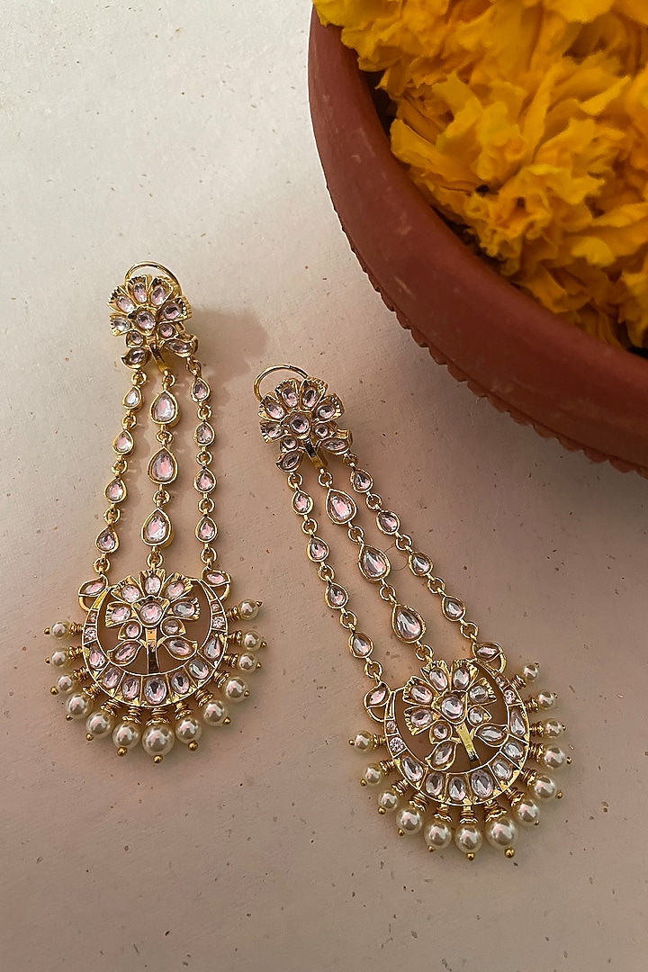 Gold Finish Kundan Polki Dangler Earrings by Saga Jewels at Pernia's Pop Up Shop